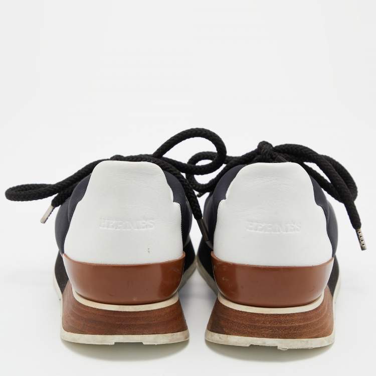 Pre Owned Hermes Black/White Nylon, Suede and Leather Buster Sneakers Size 37