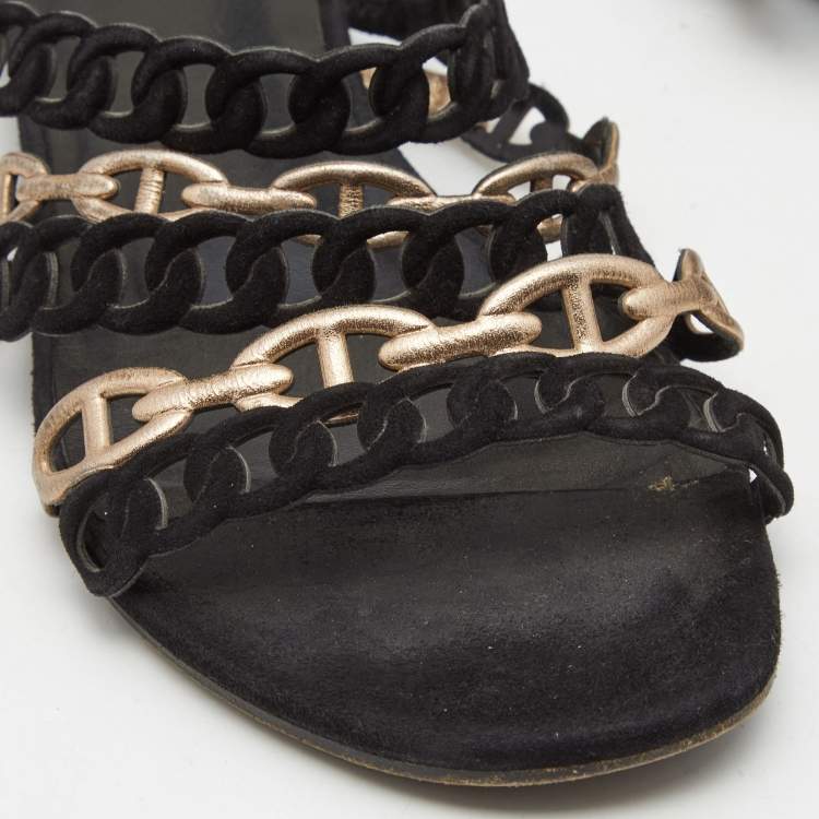 Pre Owned Hermes Black/Gold Suede and Leather Tandem Flat Slides  Size 39