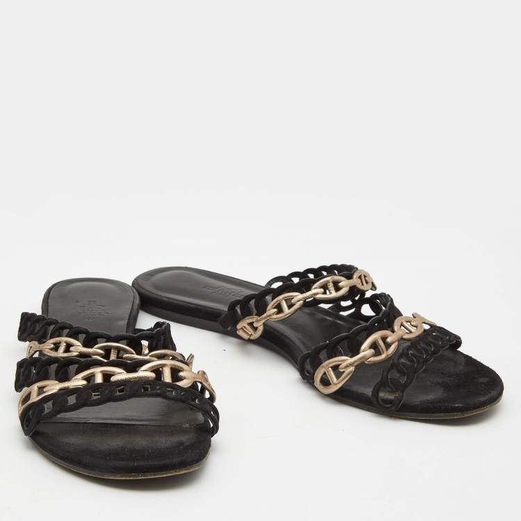 Pre Owned Hermes Black/Gold Suede and Leather Tandem Flat Slides  Size 39