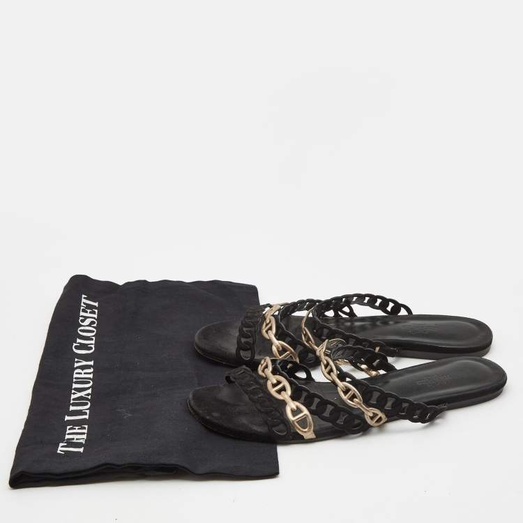 Pre Owned Hermes Black/Gold Suede and Leather Tandem Flat Slides  Size 39