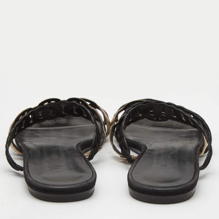 Pre Owned Hermes Black/Gold Suede and Leather Tandem Flat Slides  Size 39