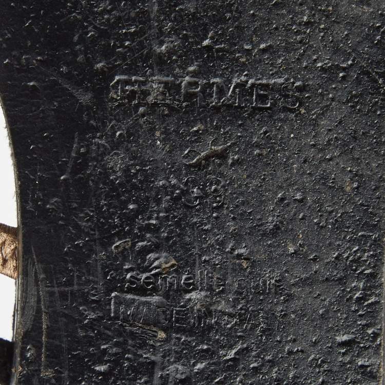 Pre Owned Hermes Black/Gold Suede and Leather Tandem Flat Slides  Size 39