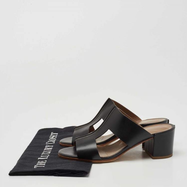 Pre Owned Hermes Black Leather Ostia Slide Sandals Size 36