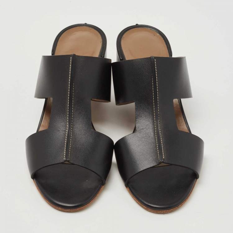 Pre Owned Hermes Black Leather Ostia Slide Sandals Size 36