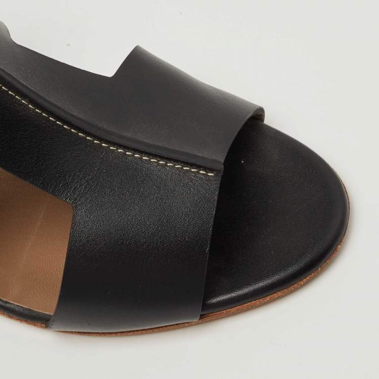 Pre Owned Hermes Black Leather Ostia Slide Sandals Size 36