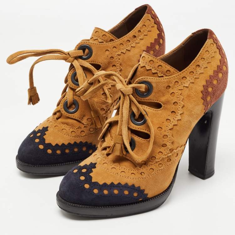Pre Owned Hermes Tricolor Suede Brogue Detail Lace Up Booties Size 37
