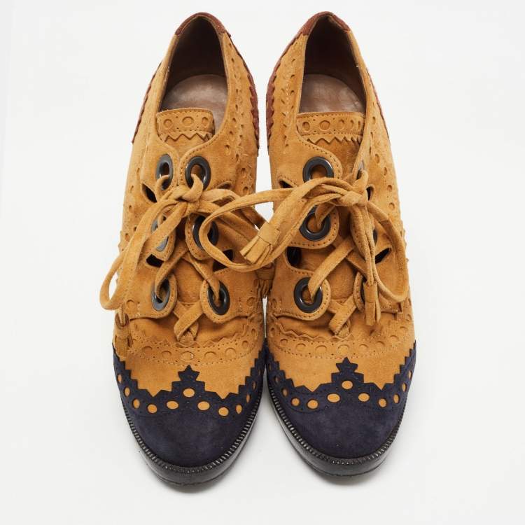 Pre Owned Hermes Tricolor Suede Brogue Detail Lace Up Booties Size 37