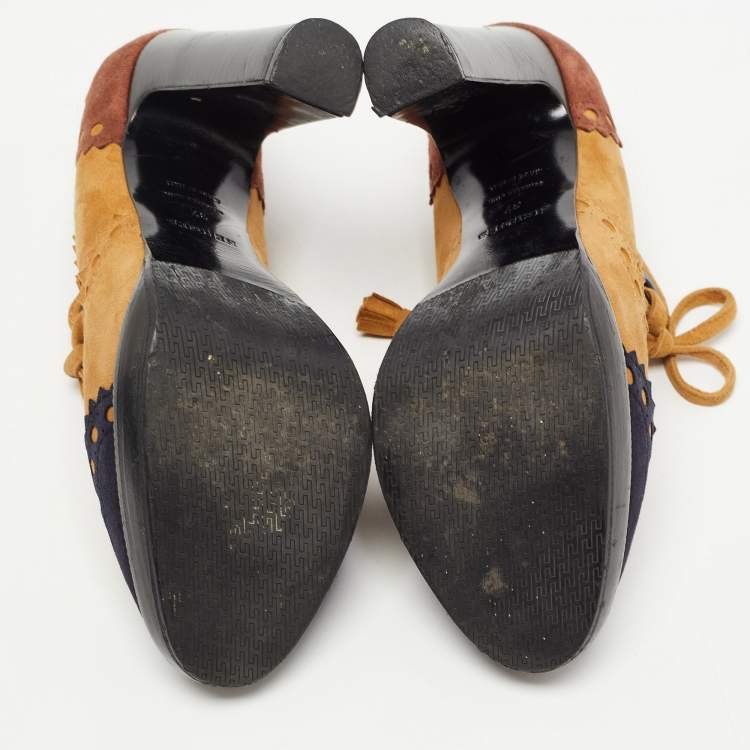 Pre Owned Hermes Tricolor Suede Brogue Detail Lace Up Booties Size 37