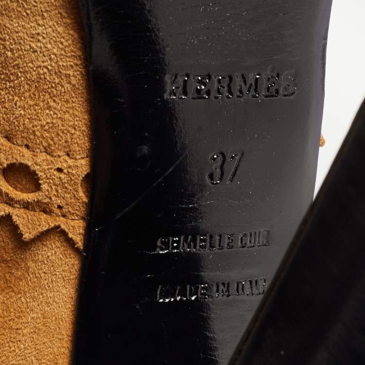 Pre Owned Hermes Tricolor Suede Brogue Detail Lace Up Booties Size 37