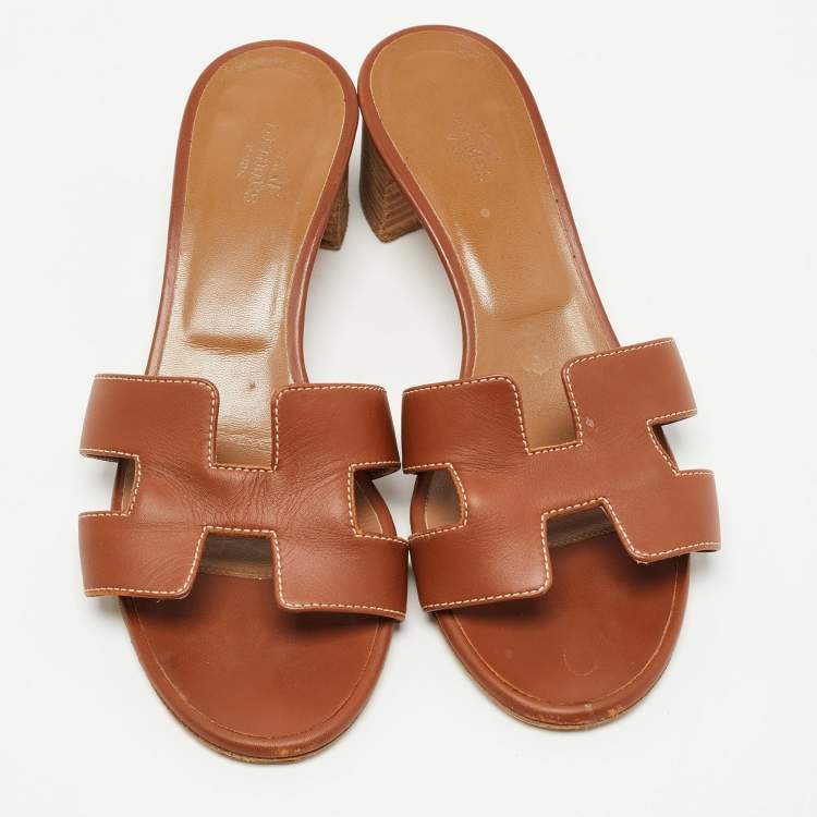 Pre Owned Hermes Brown Leather Oasis Slide Size 36
