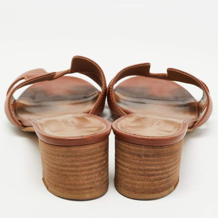 Pre Owned Hermes Brown Leather Oasis Slide Size 36