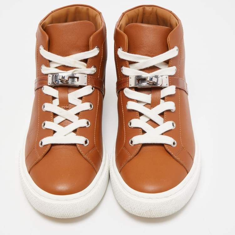 Pre Owned Hermes Brown Leather Daydream High Top Sneakers  Size 37.5