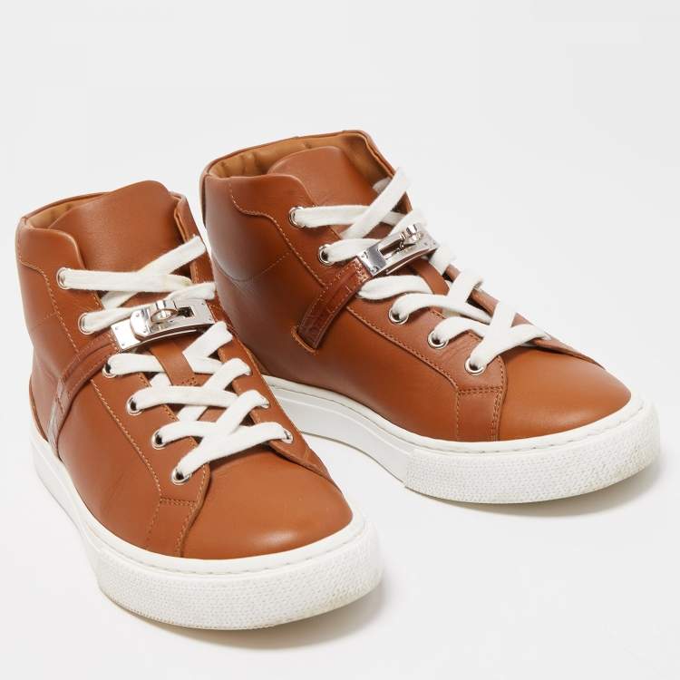 Pre Owned Hermes Brown Leather Daydream High Top Sneakers  Size 37.5