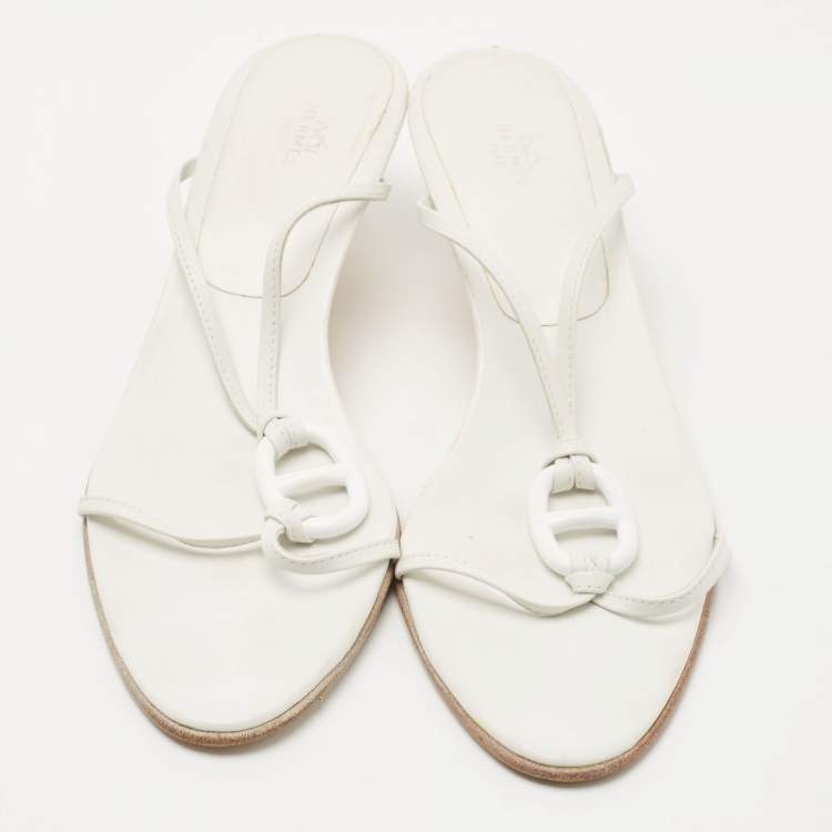Pre Owned Hermes White Leather Kiss Slide Sandals Size 41