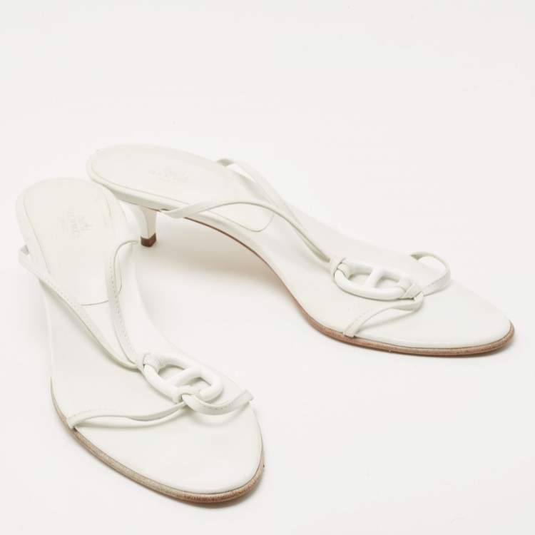 Pre Owned Hermes White Leather Kiss Slide Sandals Size 41