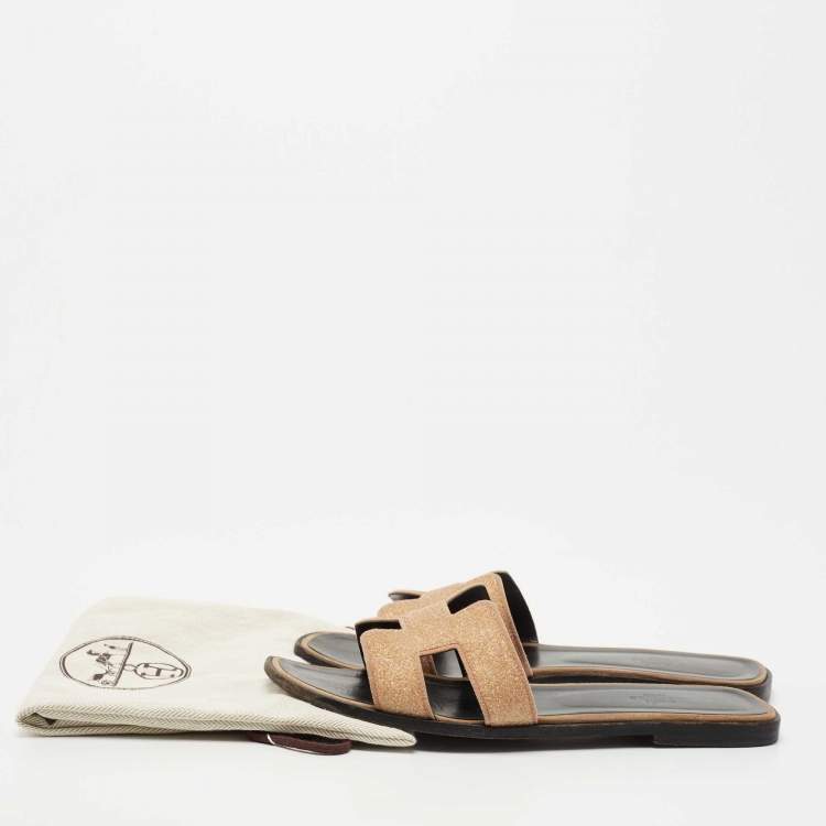 Pre Owned Hermes Beige Crystal Powder Oran Flat Slides Size 40
