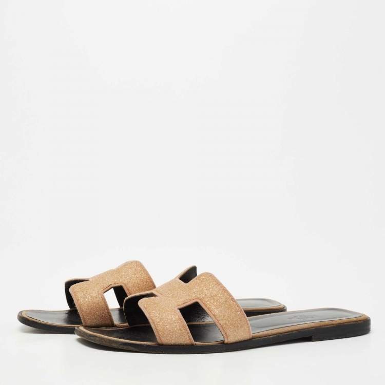 Pre Owned Hermes Beige Crystal Powder Oran Flat Slides Size 40
