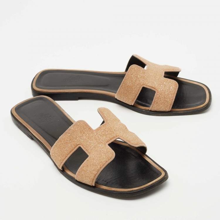 Pre Owned Hermes Beige Crystal Powder Oran Flat Slides Size 40