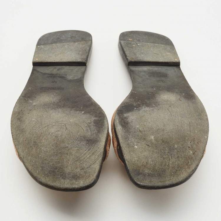 Pre Owned Hermes Beige Crystal Powder Oran Flat Slides Size 40