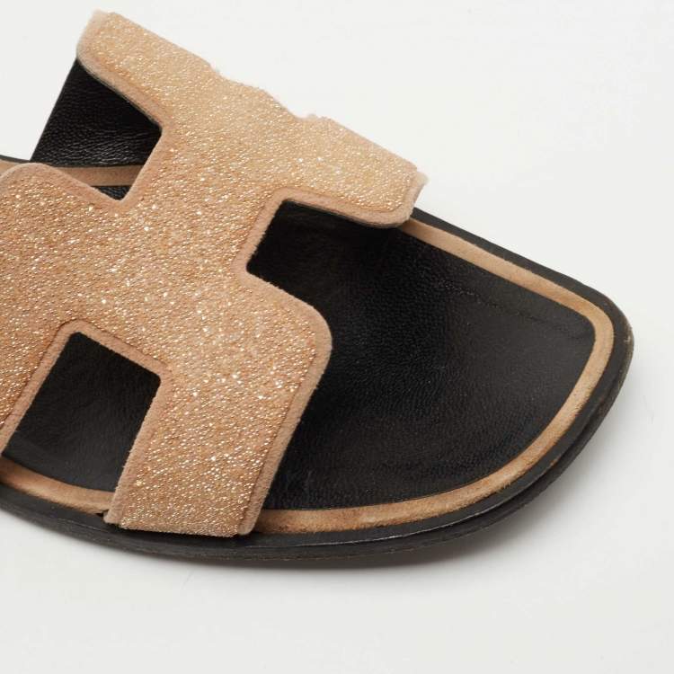 Pre Owned Hermes Beige Crystal Powder Oran Flat Slides Size 40