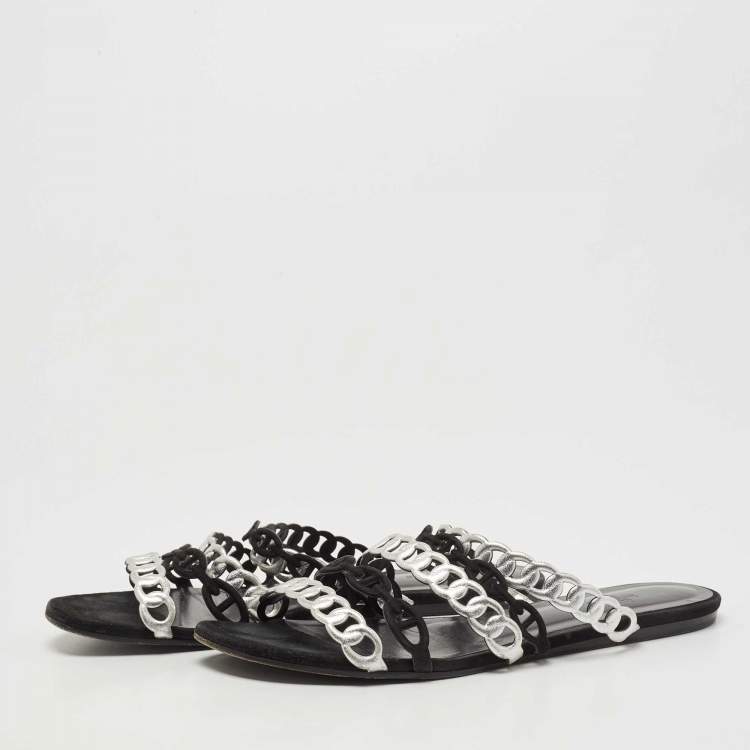 Pre Owned Hermes Black/Silver Suede and Leather D'ancre Chaine Flat Slides Size 40