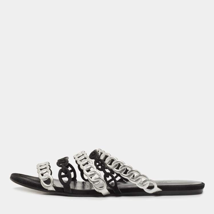 Pre Owned Hermes Black/Silver Suede and Leather D'ancre Chaine Flat Slides Size 40