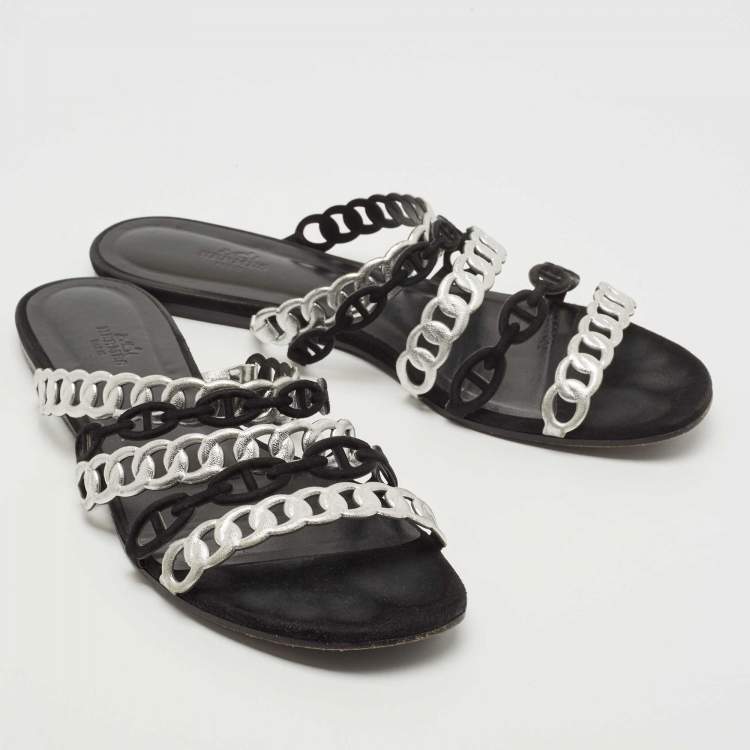 Pre Owned Hermes Black/Silver Suede and Leather D'ancre Chaine Flat Slides Size 40