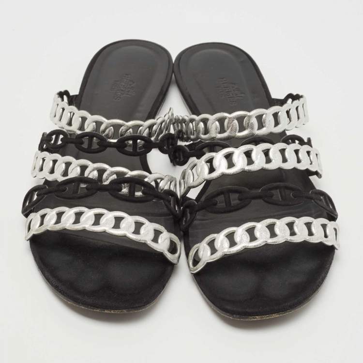 Pre Owned Hermes Black/Silver Suede and Leather D'ancre Chaine Flat Slides Size 40
