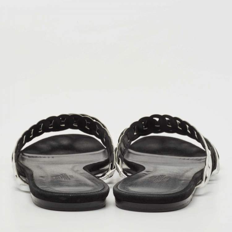Pre Owned Hermes Black/Silver Suede and Leather D'ancre Chaine Flat Slides Size 40