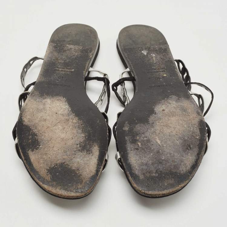 Pre Owned Hermes Black/Silver Suede and Leather D'ancre Chaine Flat Slides Size 40