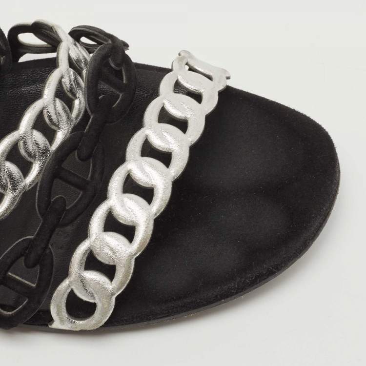 Pre Owned Hermes Black/Silver Suede and Leather D'ancre Chaine Flat Slides Size 40