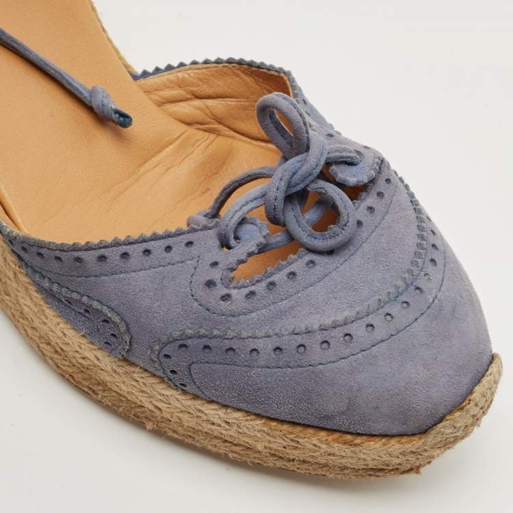 Pre Owned Hermes Blue Suede Wedge Platform Espadrille Sandals Size 38