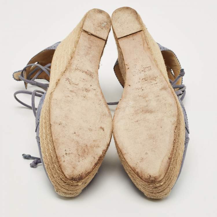 Pre Owned Hermes Blue Suede Wedge Platform Espadrille Sandals Size 38