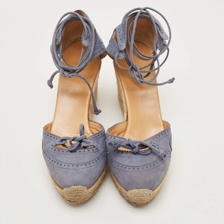Pre Owned Hermes Blue Suede Wedge Platform Espadrille Sandals Size 38