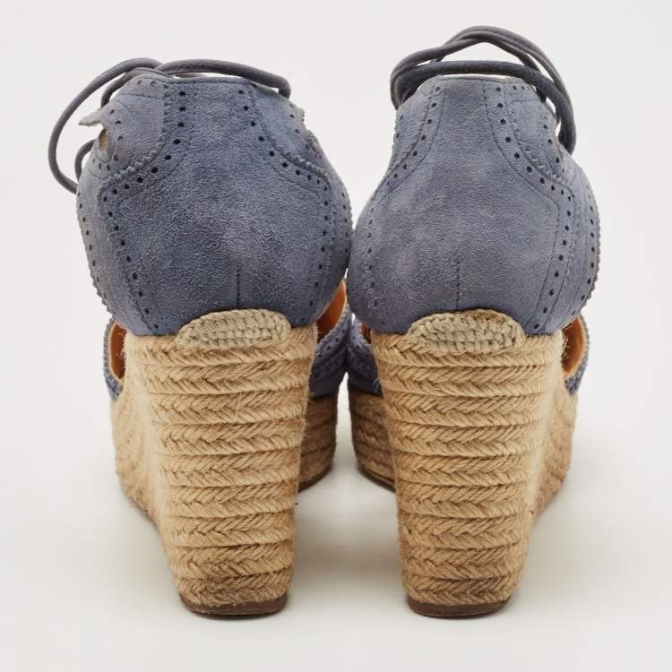 Pre Owned Hermes Blue Suede Wedge Platform Espadrille Sandals Size 38