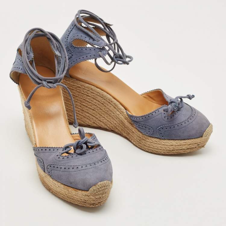 Pre Owned Hermes Blue Suede Wedge Platform Espadrille Sandals Size 38
