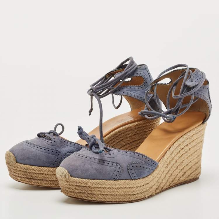Pre Owned Hermes Blue Suede Wedge Platform Espadrille Sandals Size 38
