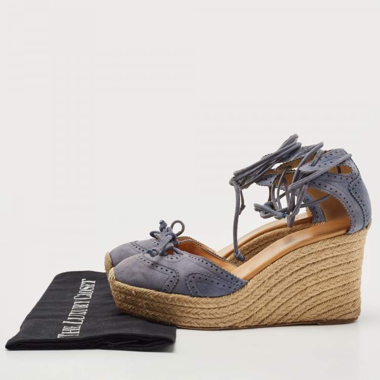 Pre Owned Hermes Blue Suede Wedge Platform Espadrille Sandals Size 38