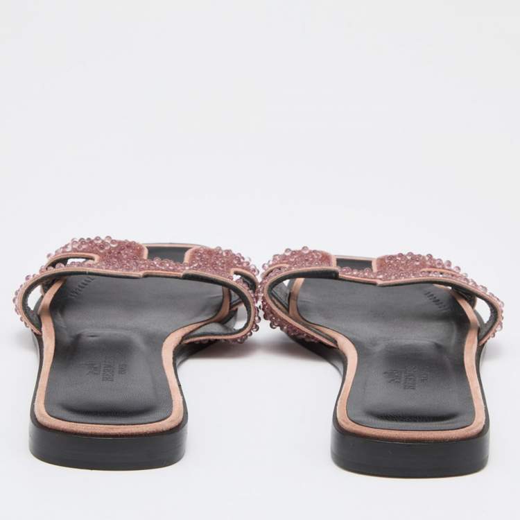 Pre Owned Hermes Pink Beads Embellished Leather Oran Flat Slides Size 35.5