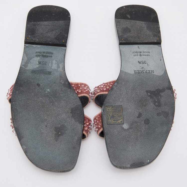 Pre Owned Hermes Pink Beads Embellished Leather Oran Flat Slides Size 35.5