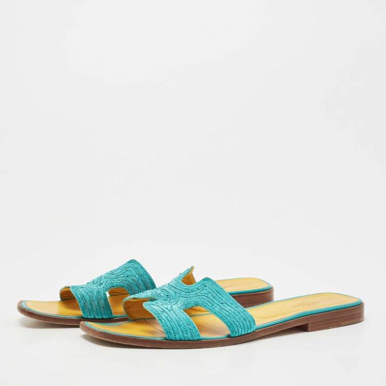 Pre Owned Hermes Blue Twisted Metal Fabric Oran Flat Slides Size 40.5