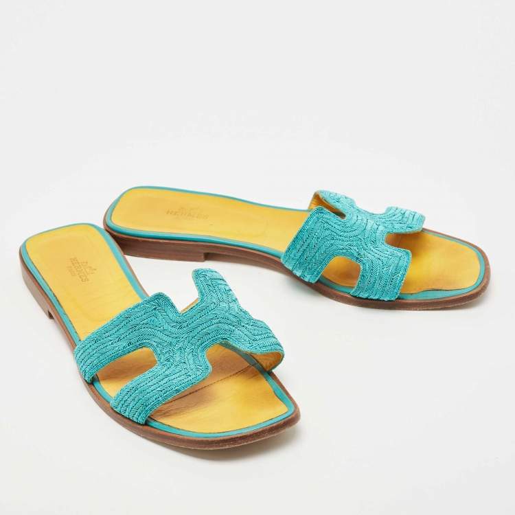 Pre Owned Hermes Blue Twisted Metal Fabric Oran Flat Slides Size 40.5