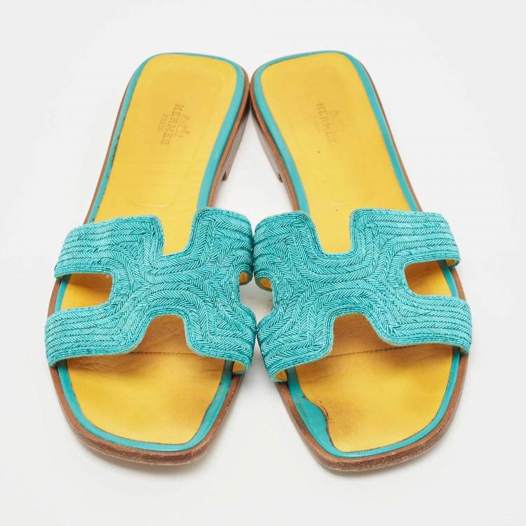 Pre Owned Hermes Blue Twisted Metal Fabric Oran Flat Slides Size 40.5