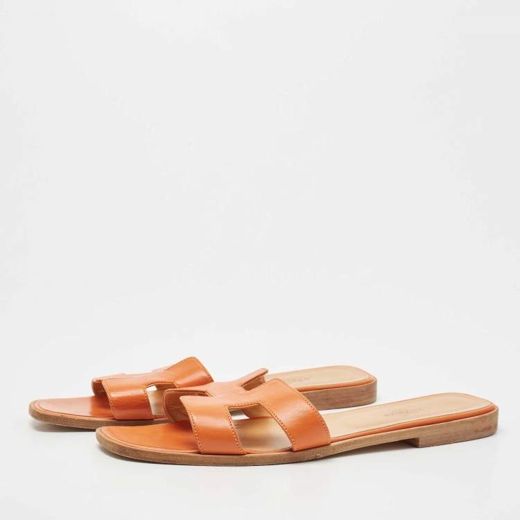 Pre Owned Hermes Orange Leather Oran Flat Slides Size 41 