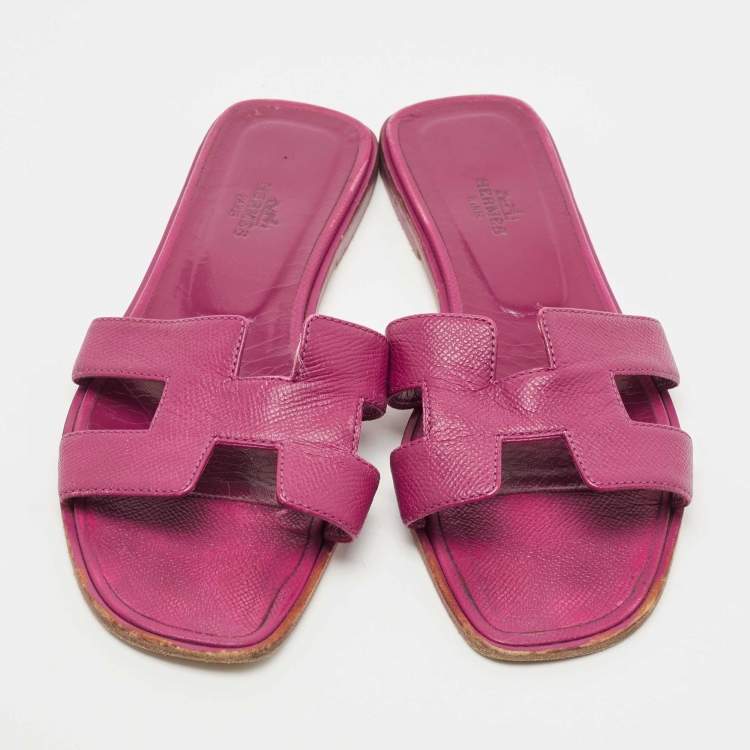 Pre Owned Hermes Purple Leather Oran Flat Slides Size 38