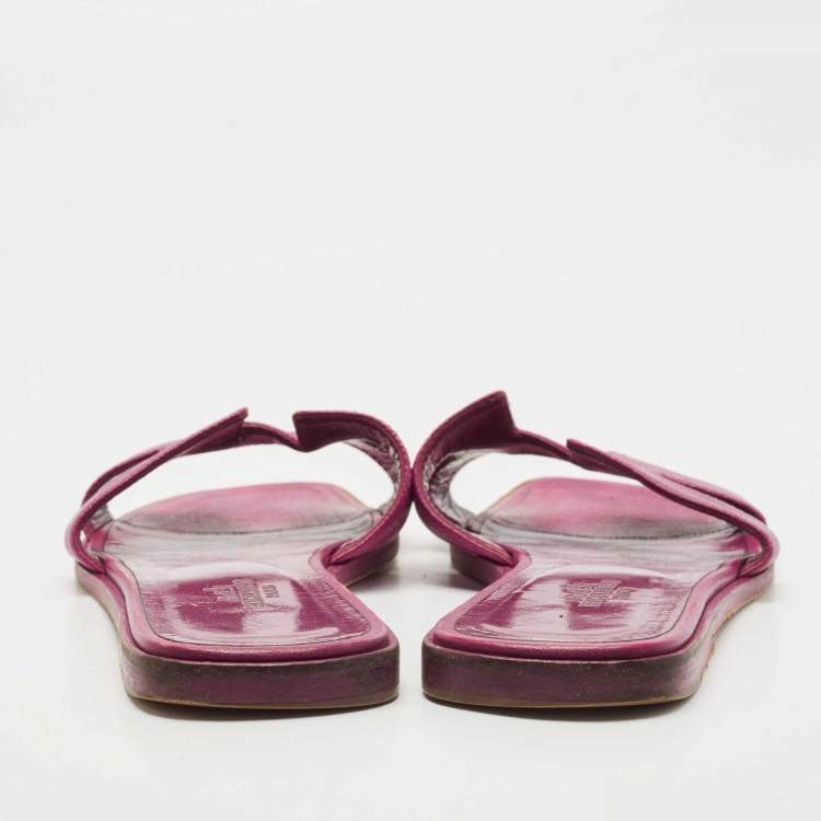 Pre Owned Hermes Purple Leather Oran Flat Slides Size 38