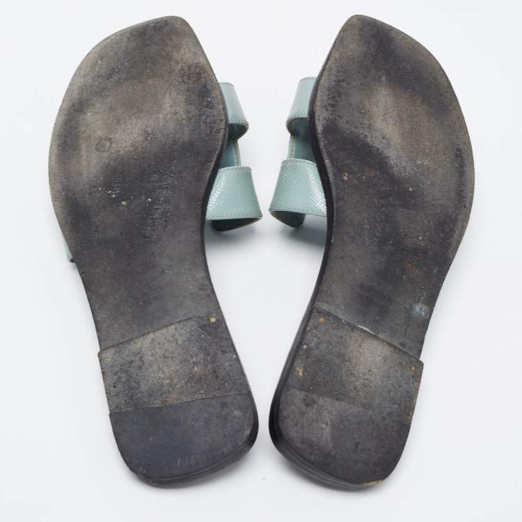 Pre Owned Hermes Blue Leather Oran Flat Slides Size 38.5