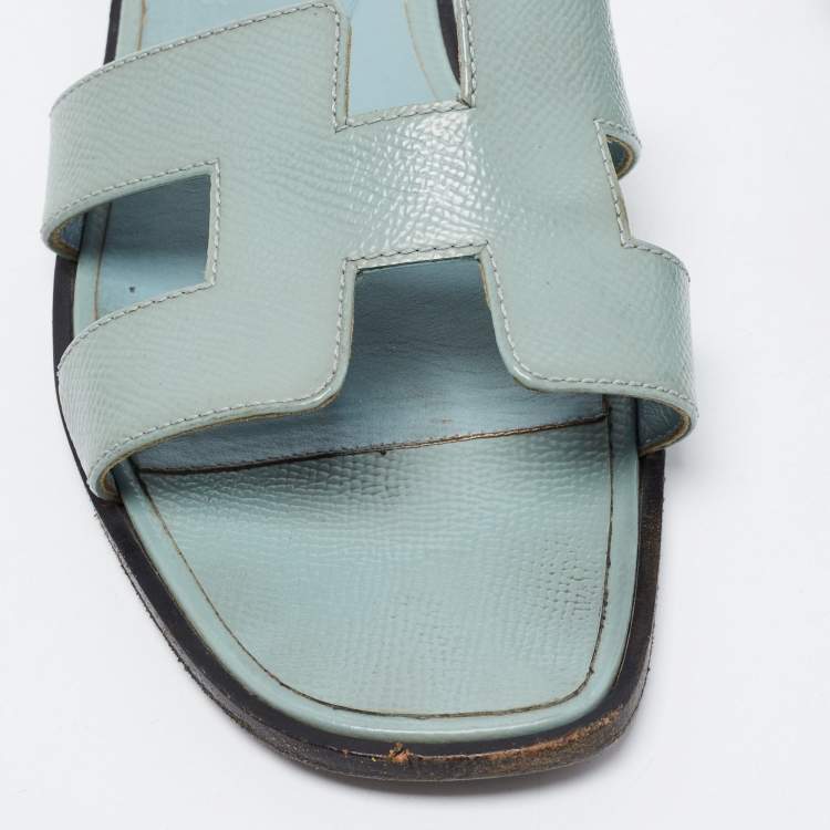 Pre Owned Hermes Blue Leather Oran Flat Slides Size 38.5