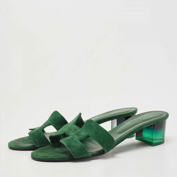 Pre Owned Hermes Green Suede Oasis Slide Sandals Size 41