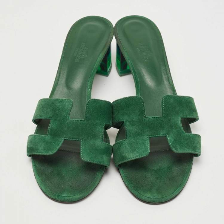 Pre Owned Hermes Green Suede Oasis Slide Sandals Size 41